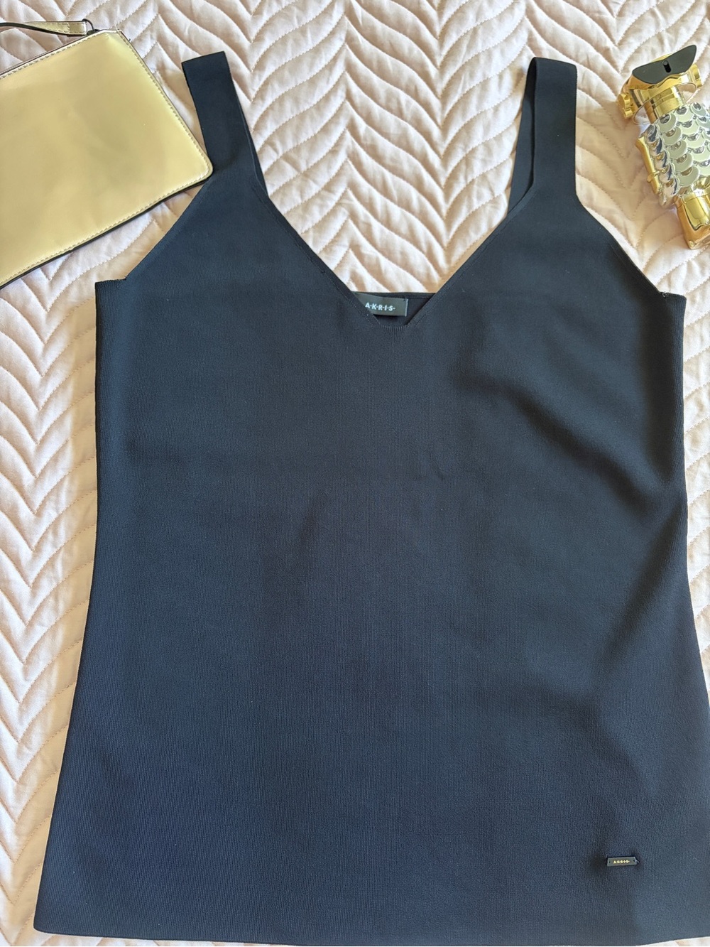 AKRIS Black Stretch Knit Tank Top Size 10 Luxury Swiss Designer Sleeveless VNeck